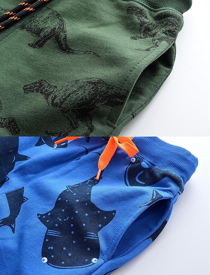 HUAER& Baby Boy's Jogger Pants Dinosaur Car Animal Print Drawstring Elastic Sweatpants 2-Pack