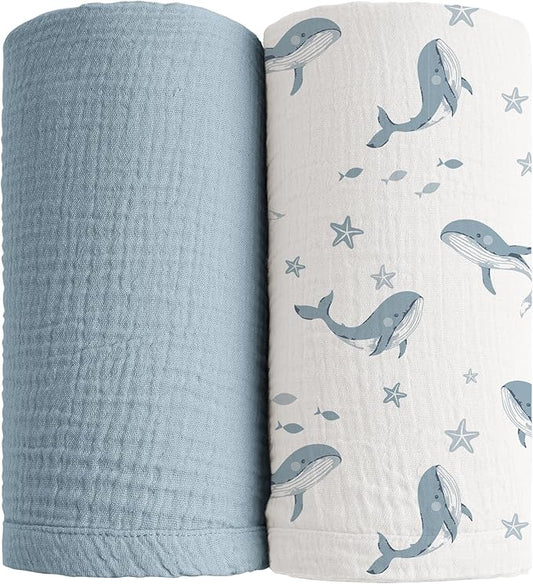 Konssy 2 Pack Muslin Swaddle Blankets, 100% Cotton Receiving Blanket Large 47 x 47 inches for Baby Boys Girls, Soft Breathable Muslin Baby Blanket for Newborn (Blue Whale,Blue)