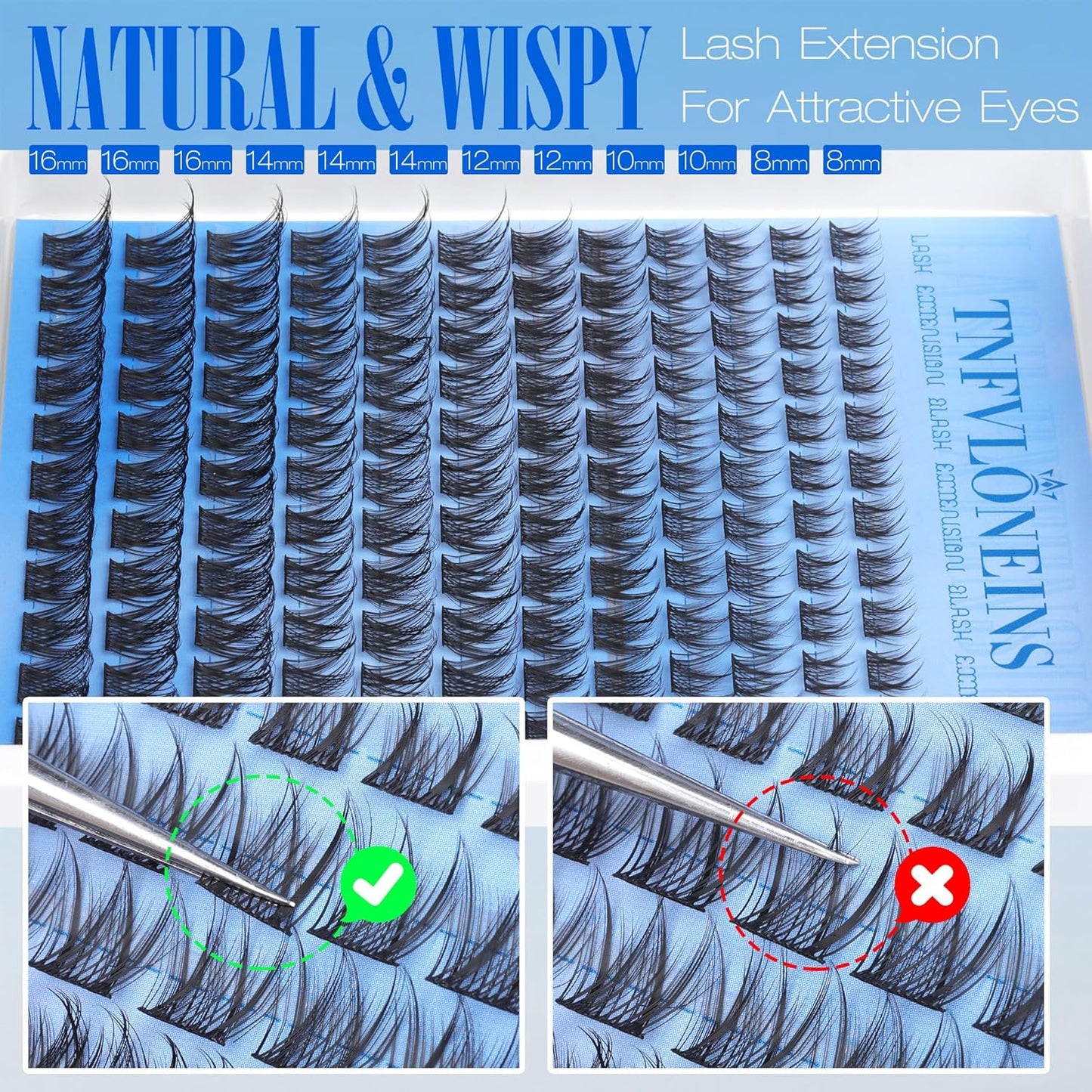 Natural Lash Clusters Kit Wispy Lash Extension Kit C Curl Eyelash Extension Kit Individual Lashes Cluster Eyelash Extensions Kit 8-16MM Eyelash Clusters with Bond and Seal and Tweezers by TNFVLONEINS