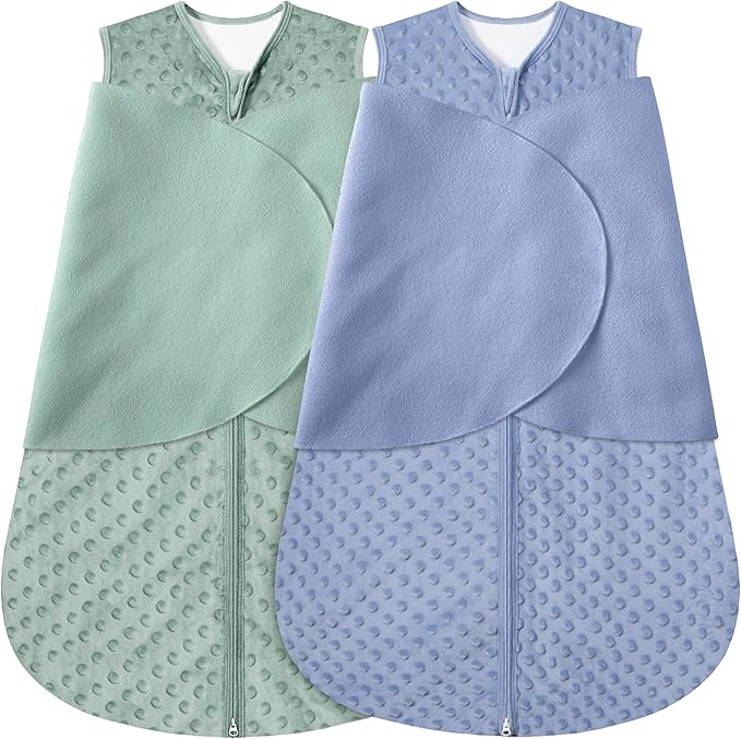 Fleece Newborn Sleep Sack Baby Swaddle,3-Way Adjustable Wearable Blanket,2 Pack Fleece Swaddling Sleeping Bag TOG 2.0， (Blue&Green, 6-12 Months)