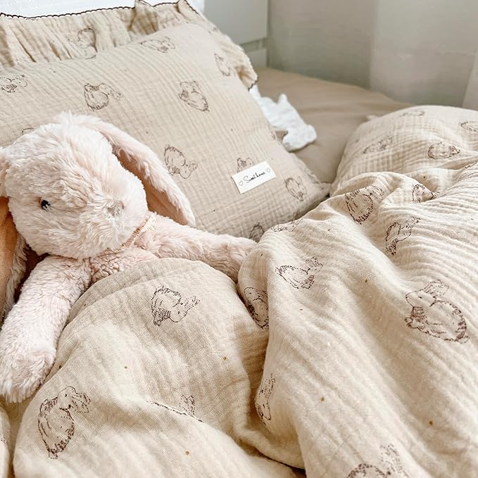 AOJIM Cute Rabbit Muslin Cotton Kids Toddler Pillowcase for Boys Girls Super Soft Baby Crib Bedding Pillowcase with Ruffle Edges Machine Washable Nursery Pillowcase, Durable Kids Pillow Cover, 14x20''