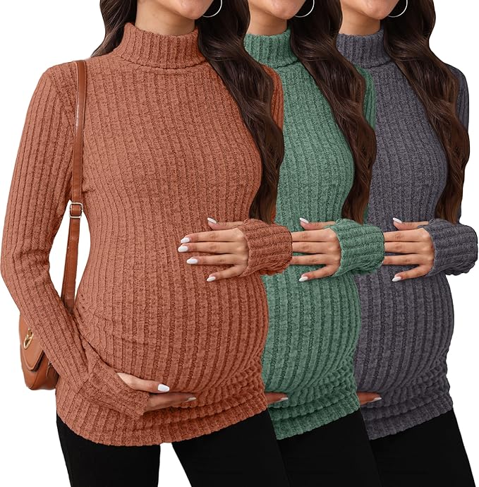 3 Pack Maternity T-Shirts Pregnancy Tops Women Sweater Long Sleeve Turtleneck Ribbed Finger Sleeve Outfits