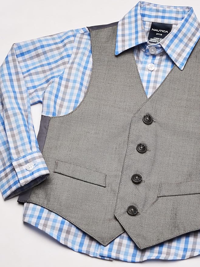 Nautica Boys' 4-Piece Formal Suit Set with Vest, Pants, Collared Dress Shirt, and Tie