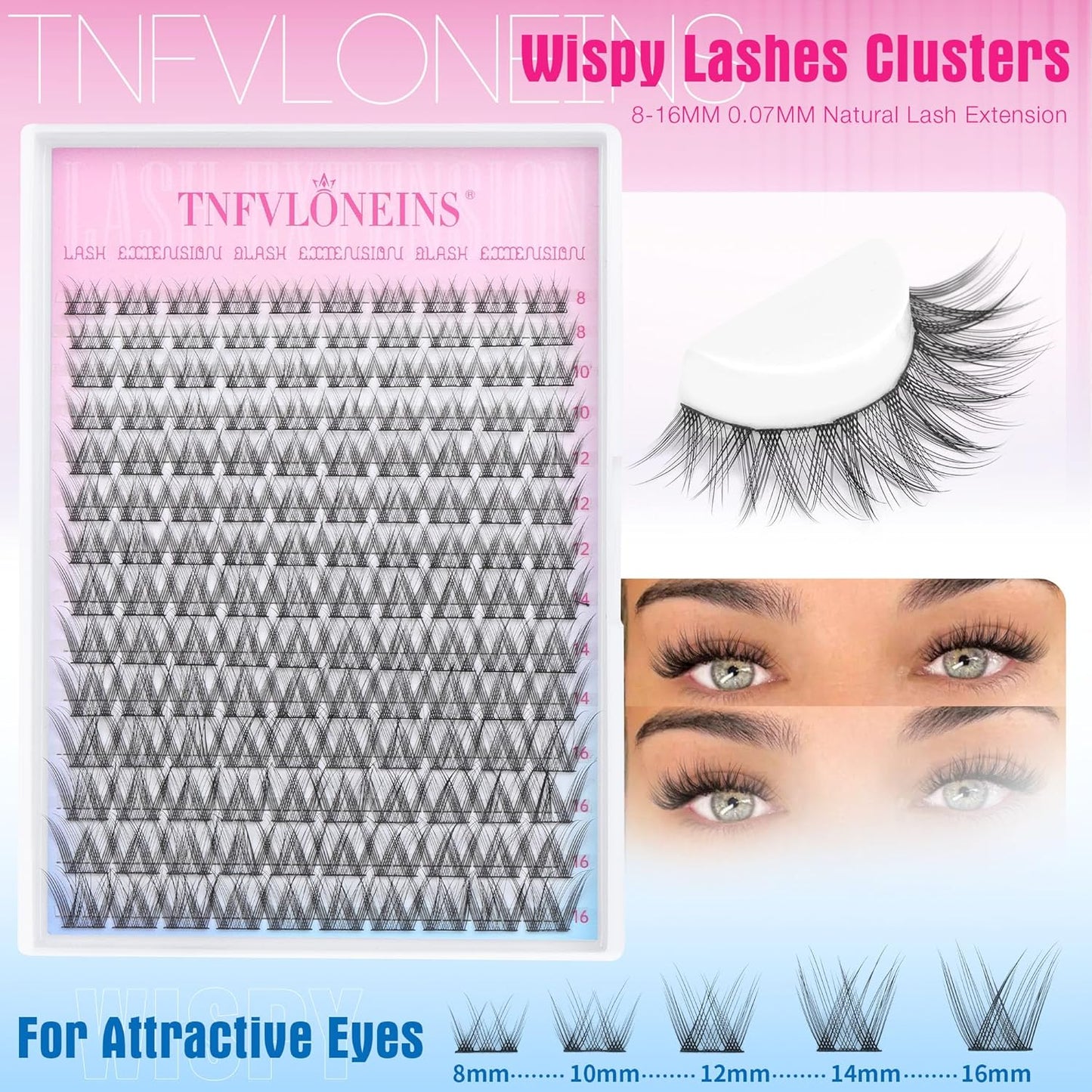 TNFVLONEINS Lash Clusters Kit 8-16mm Eyelash Clusters Kit Natural Lash Extension Kit Wispy Widespan DIY Eyelash Extension Kit Individual Lashes Cluster with Bond and Seal and Tweezers