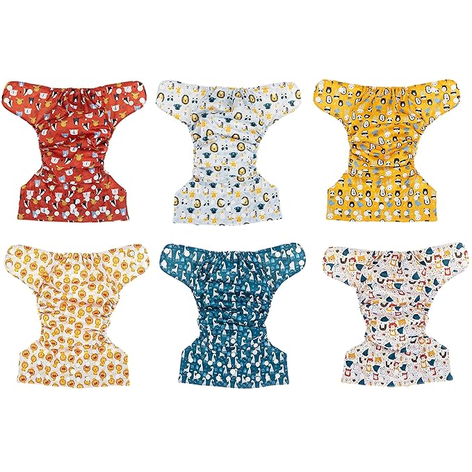 Simple Being Reusable Cloth Diapers, Double Gusset, One Size Adjustable, Washable Soft Absorbent, Waterproof Cover, Eco-Friendly Unisex Baby Girl Boy, six 4-Layers Microfiber Inserts (Boy Animals)