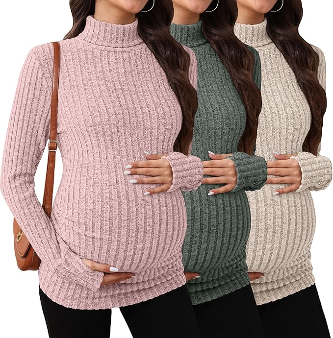 3 Pack Maternity T-Shirts Pregnancy Tops Women Sweater Long Sleeve Turtleneck Ribbed Finger Sleeve Outfits