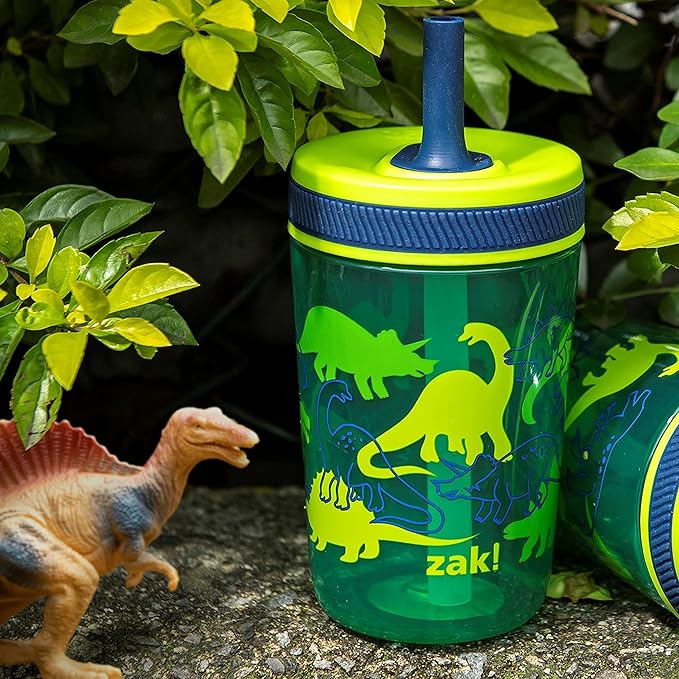 Zak Designs Kelso 15 oz Tumbler Set, (Dino Camo) Leak-Proof Screw-On Lid with Straw Made of Durable Plastic and Silicone, Perfect Cup Bundle for Kids (2pc Set)