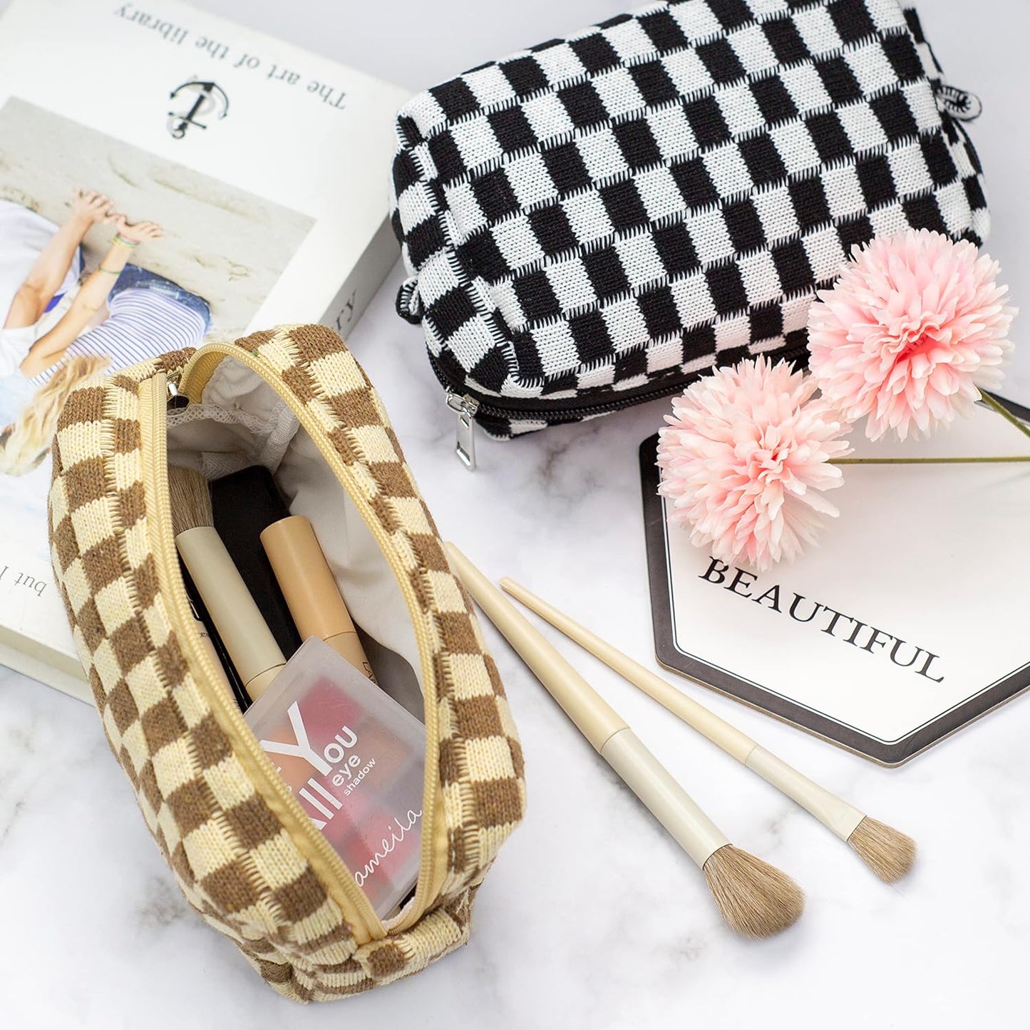 PAZIMIIK Checkered Makeup Bag for Purse Portable Zipper Make Up Pouch Small Cosmetic Case for Travel Accessories (2PCS Coffee)