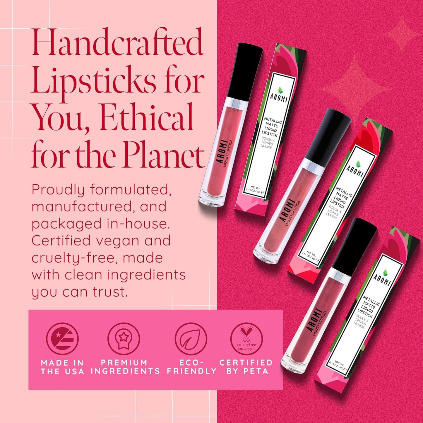 Aromi Metallic Liquid Lipstick | Long-lasting, Smear, Smudge, + Transfer Proof, Waterproof, Light, Baby Pink Lip Color with Shimmery Finish, Paraben + Phthalate Free (Pink Sugar)