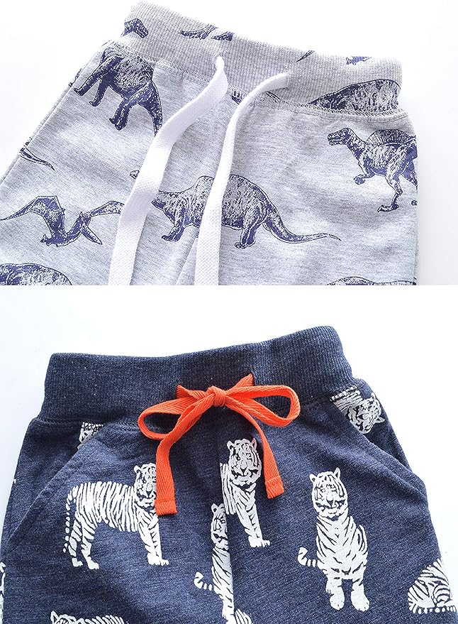 HUAER& Baby Boy's Jogger Pants Dinosaur Car Animal Print Drawstring Elastic Sweatpants 2-Pack