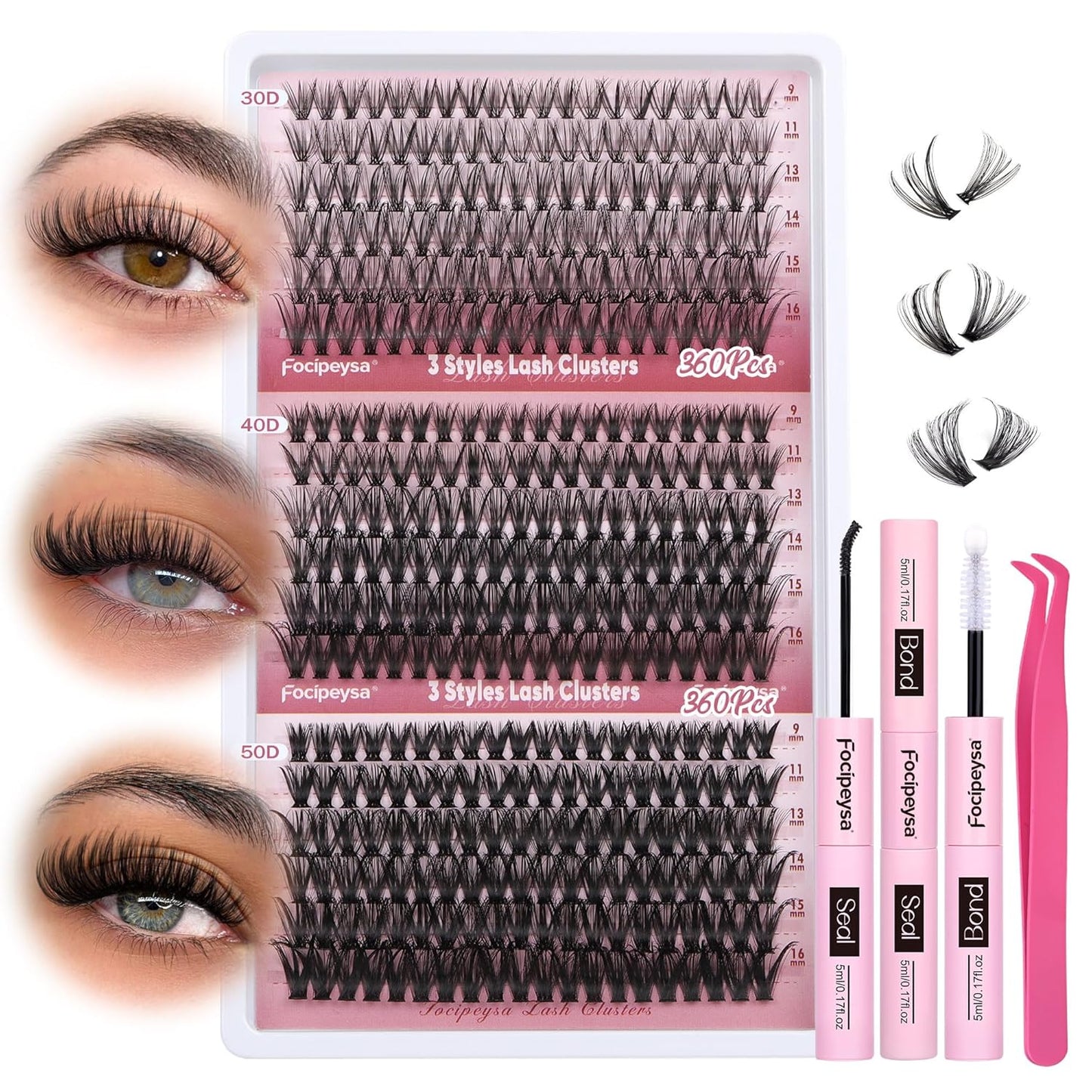 Focipeysa Wispy Lash Clusters 360pcs Eyelash Extension 30D 40D 50D Individual Lashes 9-16mm Mixed Eyelash Clusters Natural Lash Extensions with Lash Bond and Seal and Tweezers DIY Cluster Eyelashes