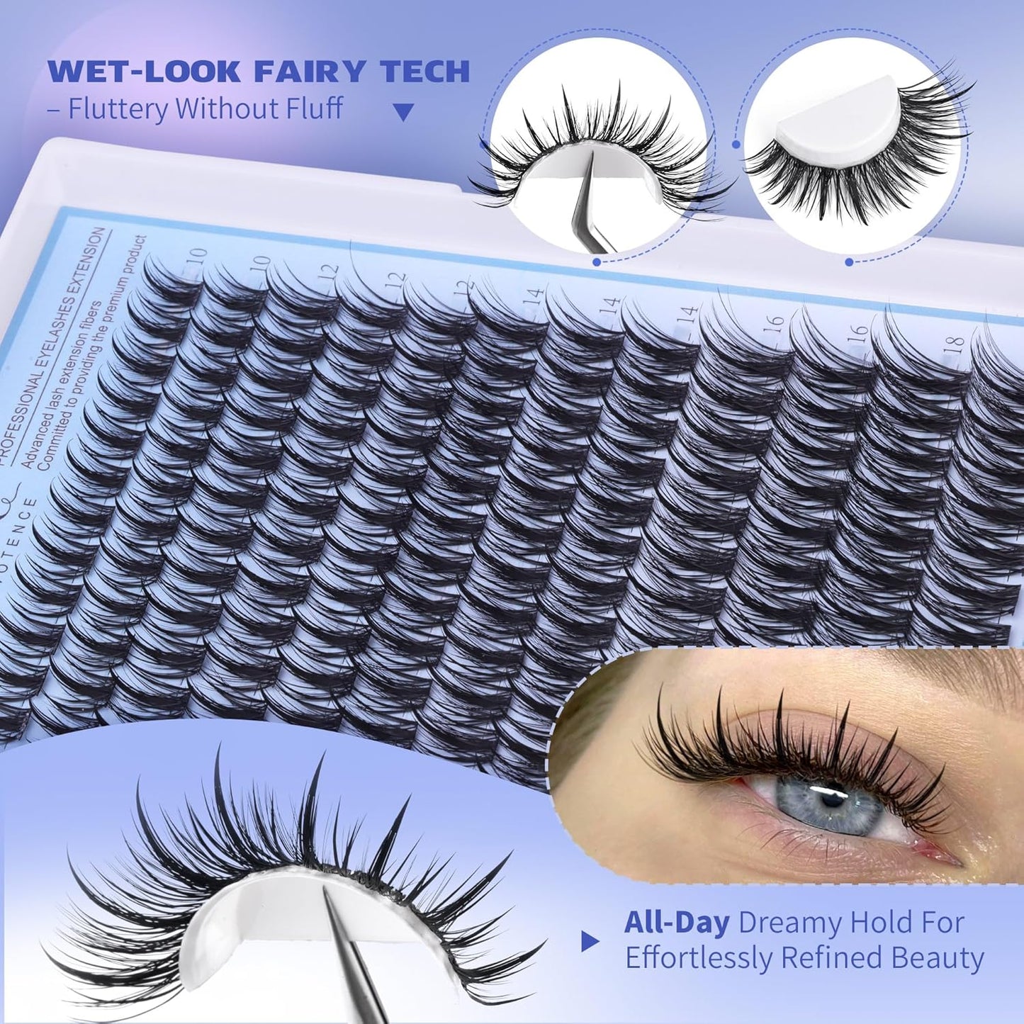 Pawotence Fairy Lash Clusters Kit Eyelash Clusters 10-18mm Wispy Lashes Clusters Eyelash Extension Kit 144pcs Natural Individual Lashes with Lash Bond and Seal, Tweezers, DIY Lash Extension Kit