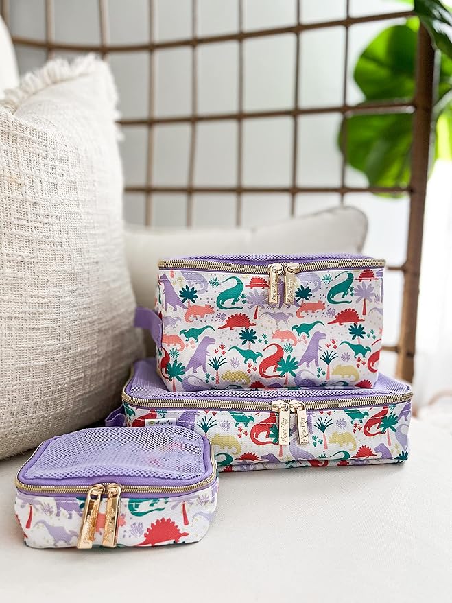 Itzy Ritzy Packing Cubes For Travel – Set of 3 Packing Cubes or Travel Organizers; Each Cube Features a Mesh Top, Double Zippers and a Fabric Handle (Purple Dinosaurs)