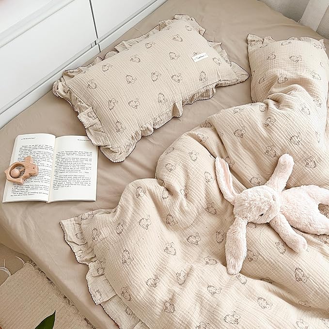 AOJIM Cute Rabbit Muslin Cotton Kids Toddler Pillowcase for Boys Girls Super Soft Baby Crib Bedding Pillowcase with Ruffle Edges Machine Washable Nursery Pillowcase, Durable Kids Pillow Cover, 26*20''