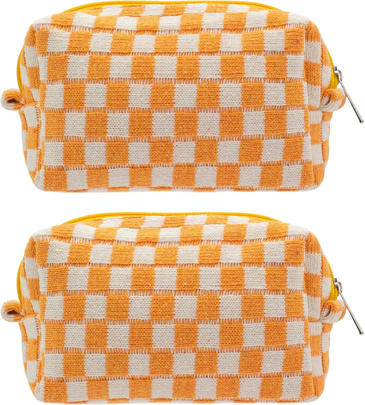 PAZIMIIK Checkered Makeup Bag for Purse Portable Zipper Make Up Pouch Small Cosmetic Case for Travel Accessories (2PCS Orange)