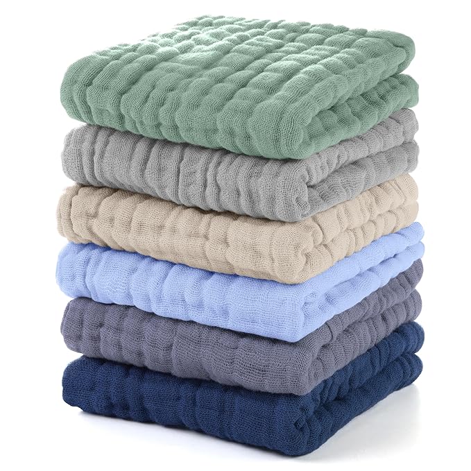 Muslin Baby Washcloths 6 Pack, 100% Cotton Wash Cloths for Babies, Large 12''X12'' Burp Cloths Absorbent and Soft for Newborn Infants Kids Boys Girls - Multicolor