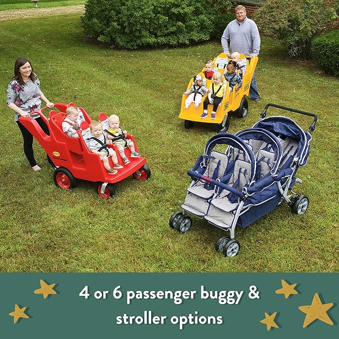 Children’s Factory 4 Passenger Bye-Bye Buggy, Red-White Seats, AFB6300F, Daycare or Preschool Stroller for Infants, Toddlers and Kids, Canopy Sold Separately