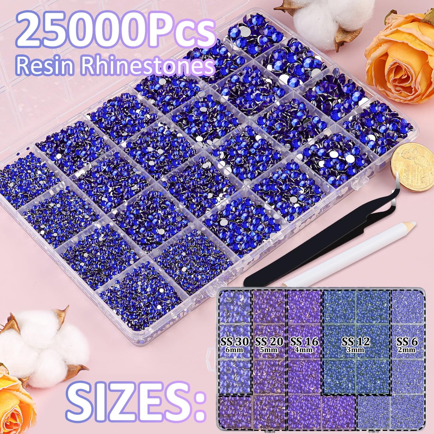 25000Pcs Resin Rhinestones for Crafting, Royal Blue 2-6mm Mixed Sizes Non Hotfix Flatback Gems, Bedazzling Crystal for DIY Crafts Clothing Tumblers Mugs Shoes Fabric Nail Art