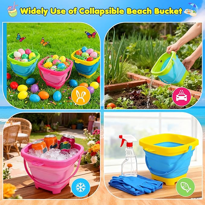 Collapsible Beach Sand Bucket 3 Packs Foldable Buckets Set with Shovels & Mesh Bag Collapsible Beach Toys for Kids Summer Sand Buckets for Kids Cruise Beach Essentials