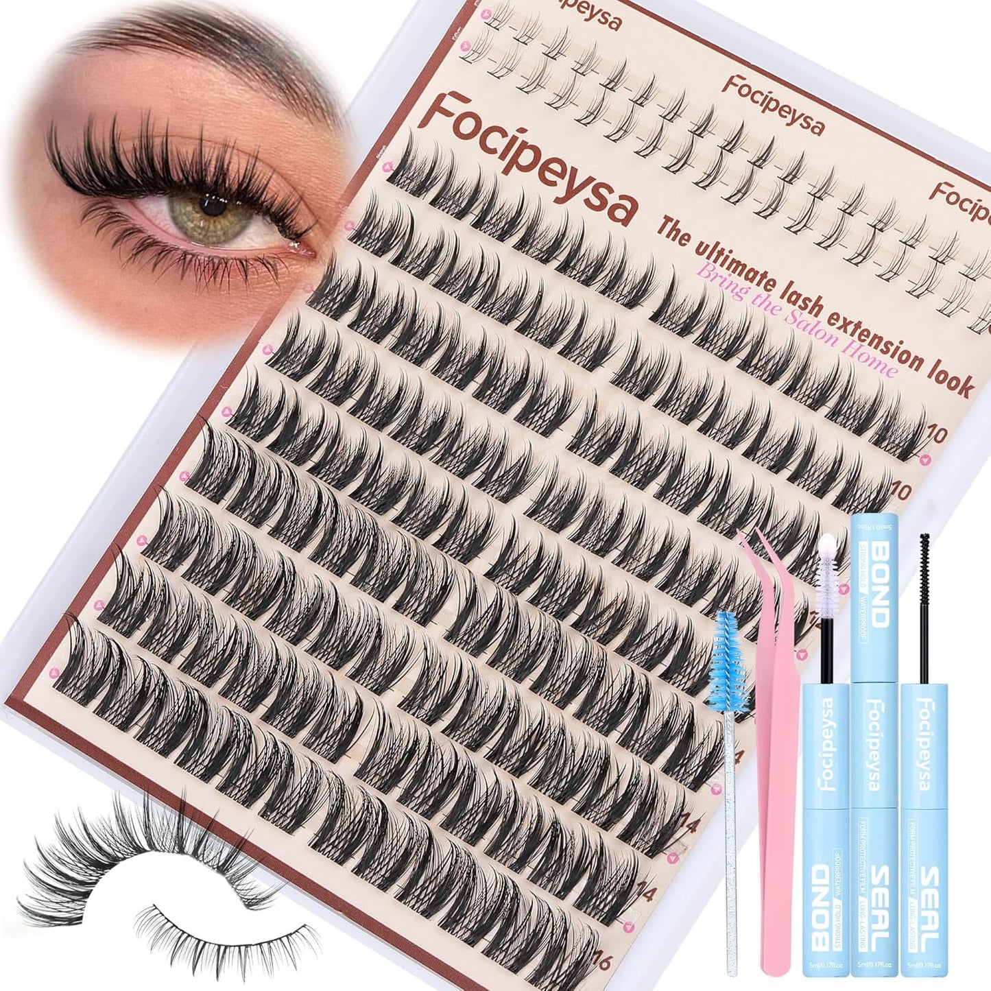 Focipeysa Wispy Lash Clusters Kit Spikes Eyelash Clusters Kit Manga Eyelash Extensions Kit with Bottom Lashes Individual Lashes Extensions Kit with Lash Bond and Seal Lash Tweezers