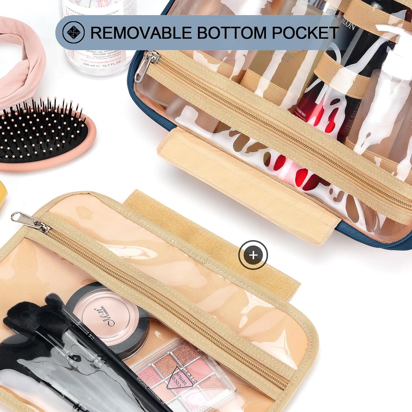 Travel Hanging Toiletry Bag for Women, Large Makeup Bag 8 Leak Proofing Silicone Bottle Covers, Waterproof Cosmetic Bag with Jewelry Organizer Compartment, Toiletries Kit Set, Navy Blue