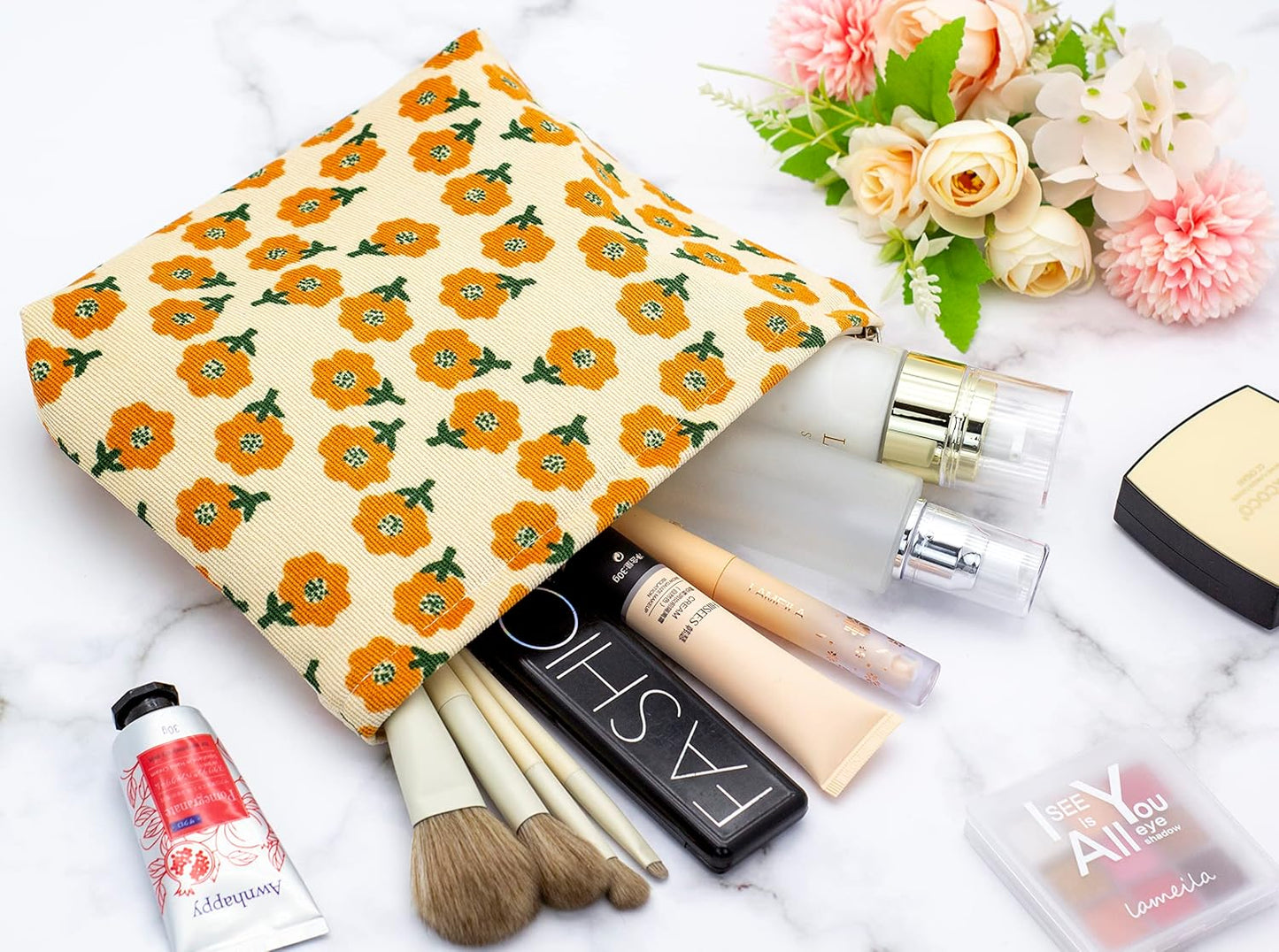 PAZIMIIK Makeup Bag Large Zipper Corduroy Make Up Pouch for Purse Travel Canvas Cosmetic Organizer for Women Brush Storage,Flower Yellow