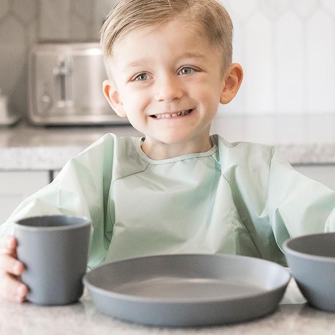 Tiny Twinkle Long Sleeve Bib for Babies & Toddlers – 2 Pack Waterproof Smock Bibs for Eating – Machine Washable & Mess-Proof, Baby Feeding Essential & Shower Must-Have (Sage Charcoal,2-4Y)