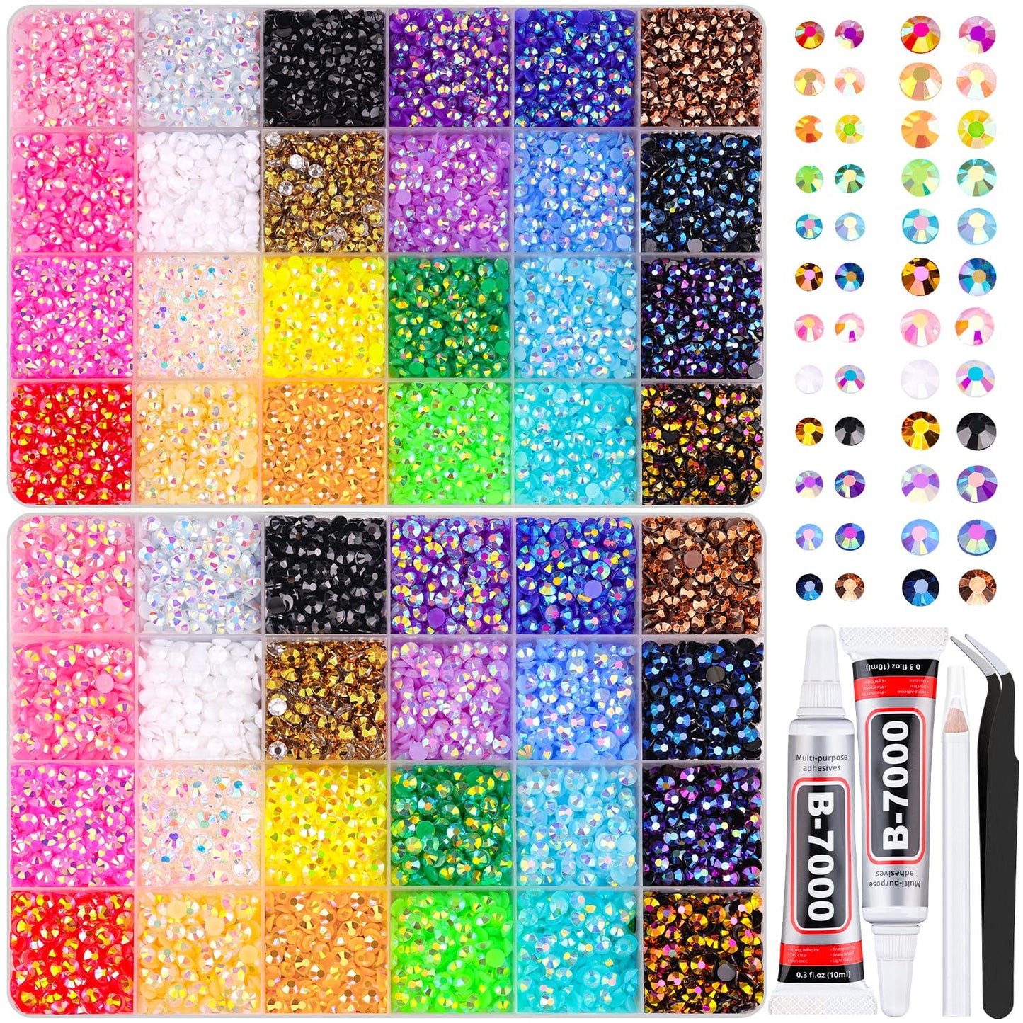 2 Boxes Jelly Rhinestones for Bedazzling, 19200Pcs 4mm & 5mm Multicolor Flatback Resin Gems for Crafting, Bedazzler Kit with 2Pcs 10ml B7000 Jewelry Glue for DIY Crafts Book Fabric Decor Nail Art