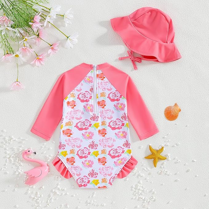 WOLBAY Baby Girl Swimsuit Long Sleeve One Piece Rash Guard with Sun Hat Zipper Bathing Suit Size 0-2T