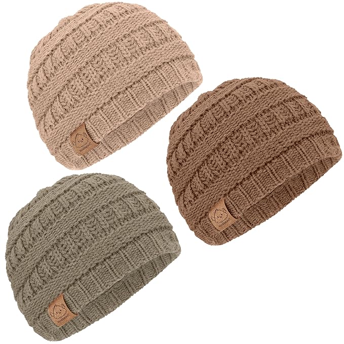 3-Pack Baby Beanies for Boys, Girls - Stretchy Knit Baby Hats, Cute Newborn & Toddler Winter Hat, Soft & Warm Infant Beanie 6-36 Months (Dune, M)