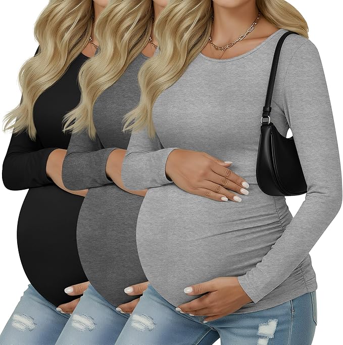 Ficerd 3 Pack Women's Maternity Shirts, Long Sleeve Side Ruched Pregnancy Tee Tops Crew Neck Casual Mama Clothes Basic Tunic
