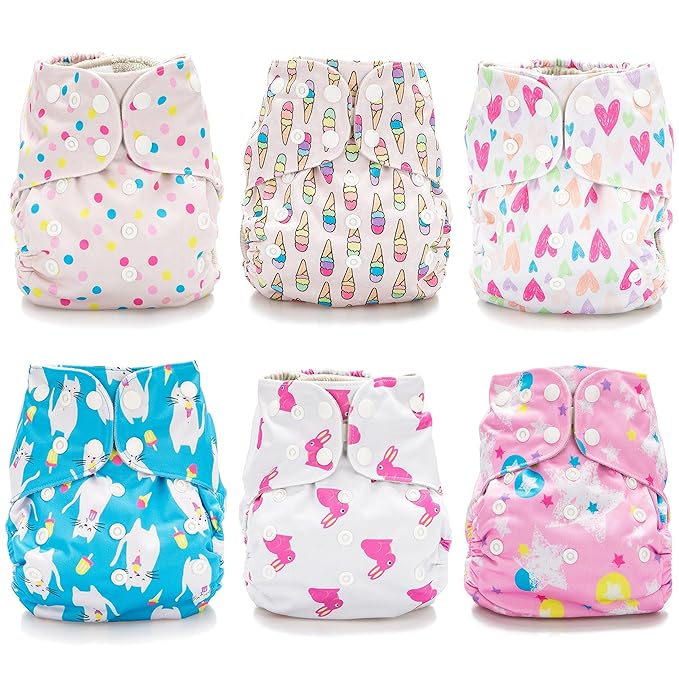 Simple Being Reusable Cloth Diapers, Double Gusset, One Size Adjustable, Washable Soft Absorbent, Waterproof Cover, Unisex Baby Girl Boy, Six Microfiber Inserts (Sweet)