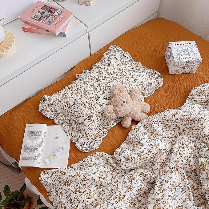 BuLuTu Cotton Muslin Ruffle Edge with Hibiscus Flowers Kids Toddler Pillowcase Soft Travel Pillow Nursery Pillowcase for Boys,Girls,Bedding Decor Machine Washable, Durable Pillowcase,1 Piece,Standard