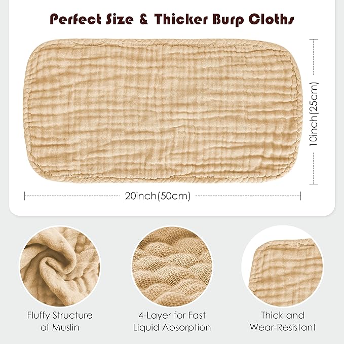 Muslin Burp Cloths 100% Cotton Large 20''x10'' Extra Soft and Absorbent Baby Wash Cloths Spit Up Rags - Baby Burping Cloth for Boys Girls Items(12 Pack Brown)