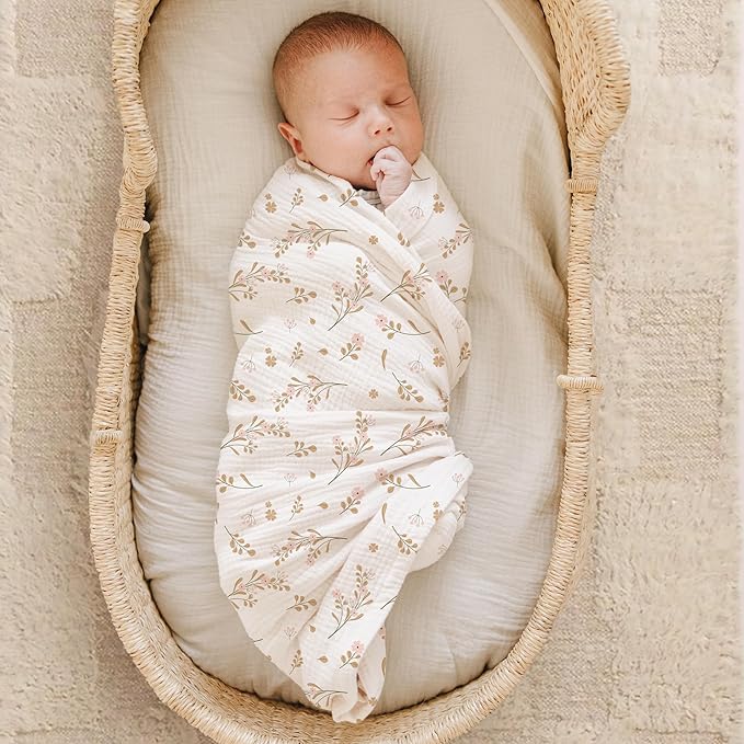 Konssy Muslin Swaddle Blankets for Boys Girls, 2 Pack Receiving Baby Blanket Large 47 x 47 inches, Soft Breathable Swaddling Wrap for Unisex Newborn (Pink, Floral)