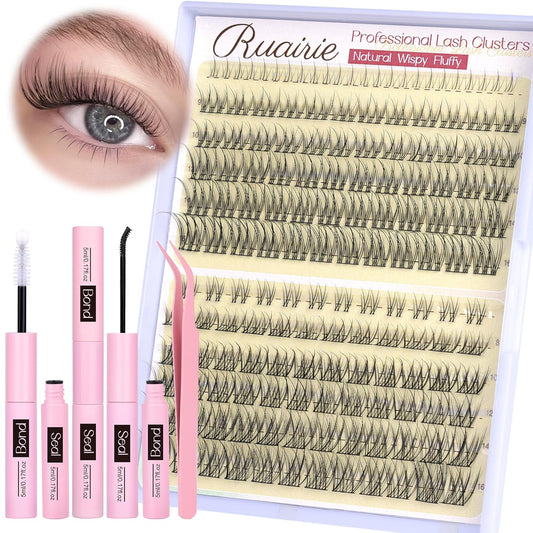 Ruairie Lash Clusters Kit Natural Lash Extension Kit 4 Styles Wispy Eyelash Extension Kit D-Curly Eyelash Clusters Kit 156pcs Cluster Eyelash Extensions Kit with Bottom Lash Clusters