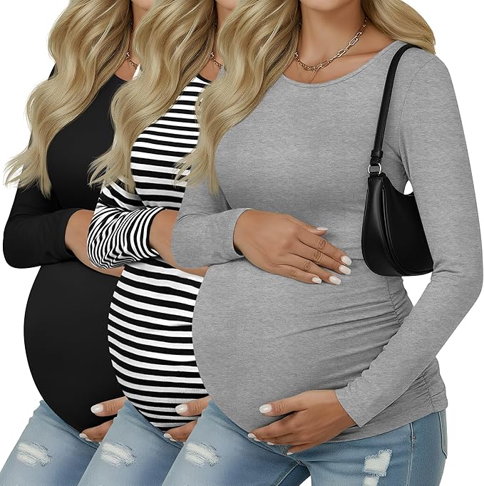 Ficerd 3 Pack Women's Maternity Shirts, Long Sleeve Side Ruched Pregnancy Tee Tops Crew Neck Casual Mama Clothes Basic Tunic