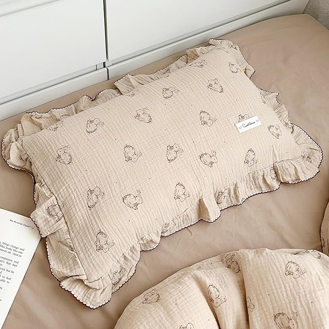AOJIM Cute Rabbit Muslin Cotton Kids Toddler Pillowcase for Boys Girls Super Soft Baby Crib Bedding Pillowcase with Ruffle Edges Machine Washable Nursery Pillowcase, Durable Kids Pillow Cover, 14x20''