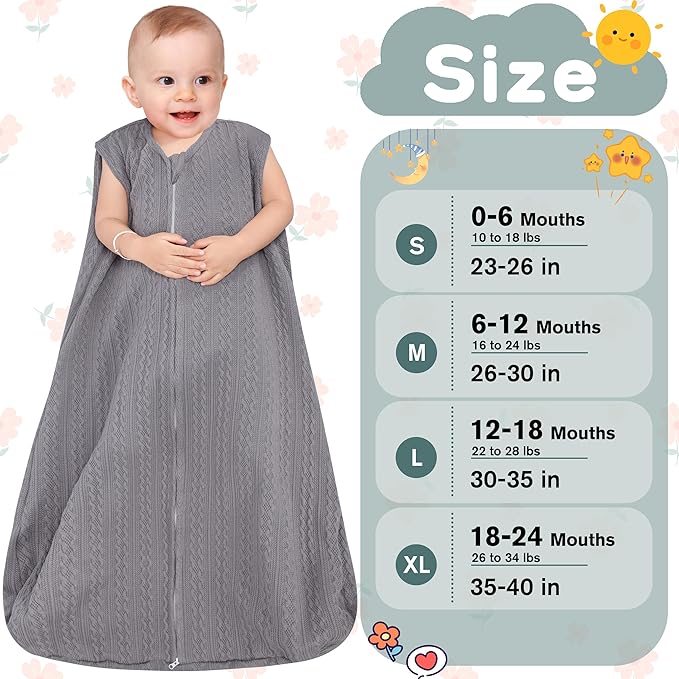 Baby Sleep Sack 12-18 Months, Baby Wearable Blanket 100% Acrylic knit 2-Way Zipper Toddler Sleeping Sack TOG 0.5 (Grey)