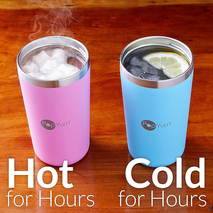 PopYum 13oz Insulated Stainless Steel Kids’ Cups with Lid and Straw, 2-Pack, Green, Pink, stackable, sippy, baby, child, toddler, tumbler, double wall, vacuum, leak proof