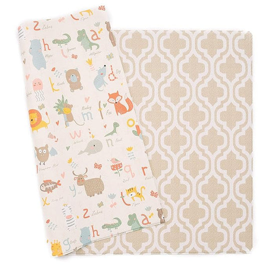 Baby Care Play Mat (Large, Moroccan - Beige) 82'' x 55'' Original One-Piece Reversible Rollable Waterproof Baby Mat, Floor Cushion for Babies 6-12 Months, Infants, Toddlers, and Kids