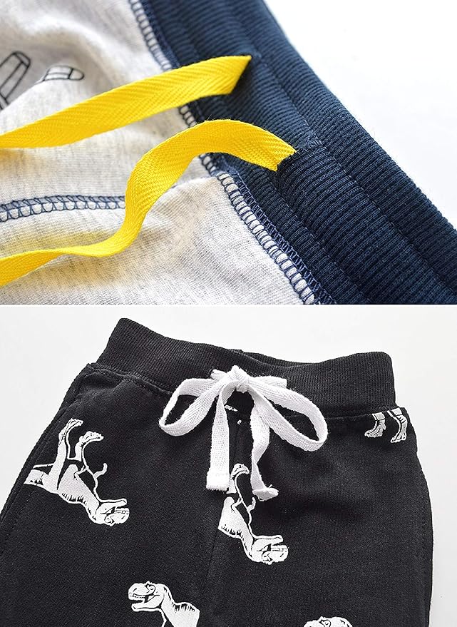 HUAER& Baby Boy's Jogger Pants Dinosaur Car Animal Print Drawstring Elastic Sweatpants 2-Pack
