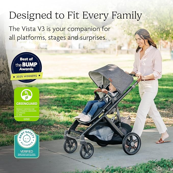 UPPAbaby Vista V3 Stroller - Full-Size Single-to-Double Stroller System - Toddler Seat, Bug Shield, Rain Shield, and Storage Bag Included - Jake (Charcoal/Carbon Frame/Black Leather)
