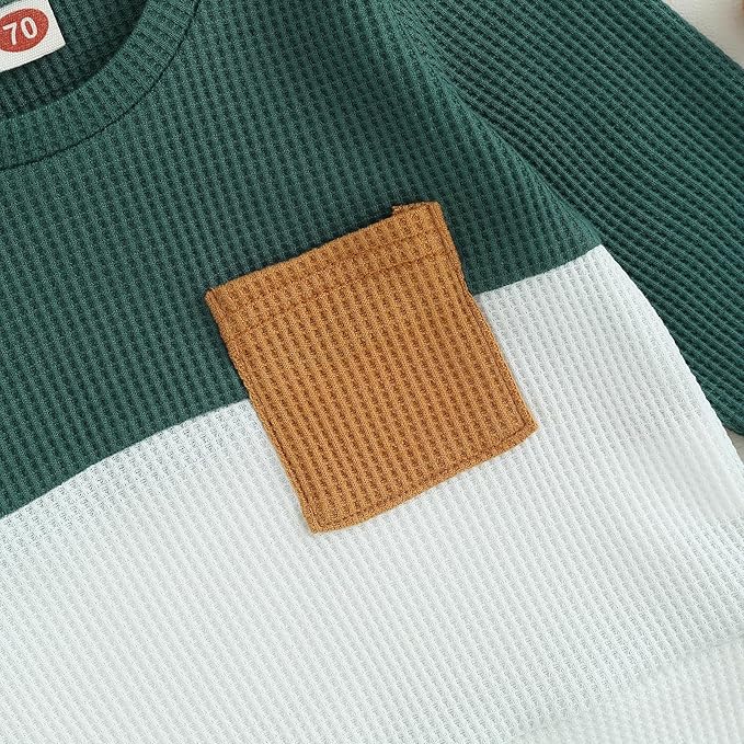 Toddler Baby Boy Fall Clothes Waffle Outfit Long Sleeve Color Blocking Sweatshirt Pullover Jogger Pant Set