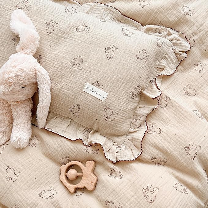 AOJIM Cute Rabbit Muslin Cotton Kids Toddler Pillowcase for Boys Girls Super Soft Baby Crib Bedding Pillowcase with Ruffle Edges Machine Washable Nursery Pillowcase, Durable Kids Pillow Cover, 26*20''