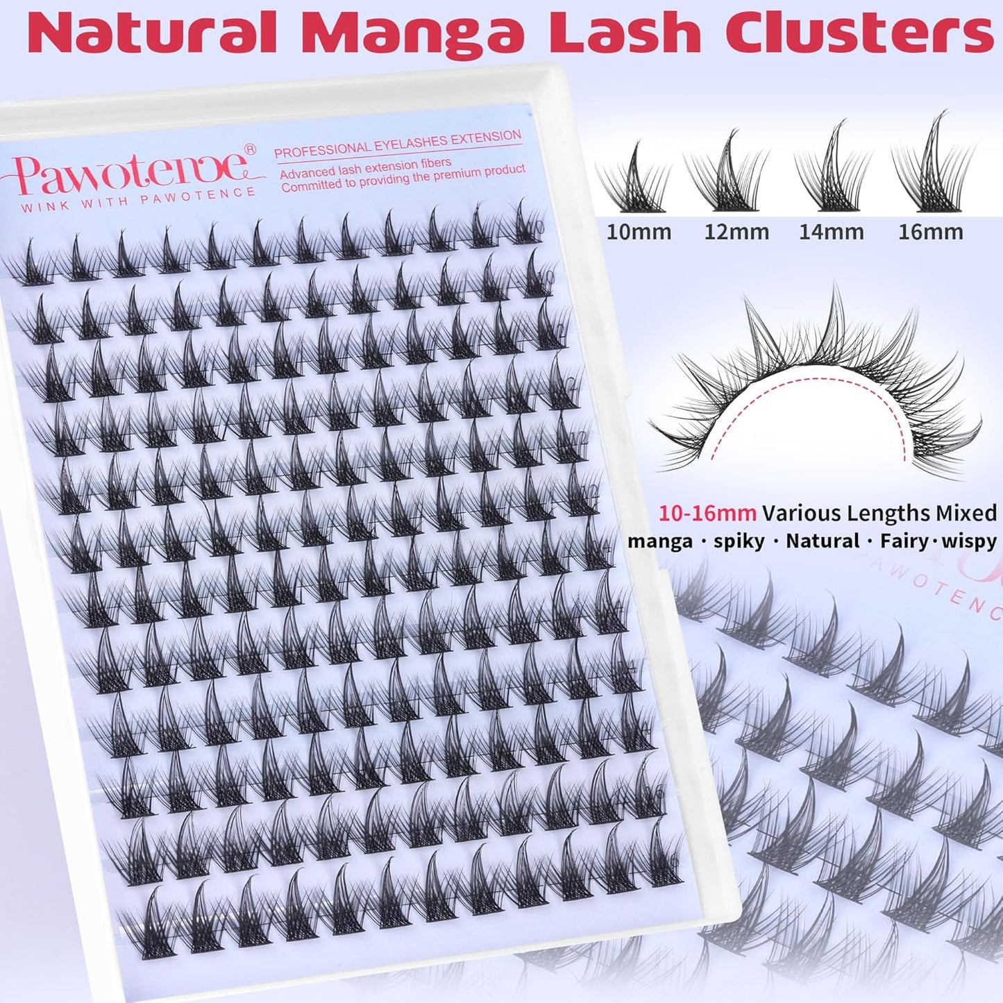 Pawotence Fairy Lash Clusters Natural Eyelash Clusters 10-16mm Manga Lashes Cluster Eyelash Extensions 144pcs Anime Individual Cluster Lashes Wispy for DIY Lash Extension