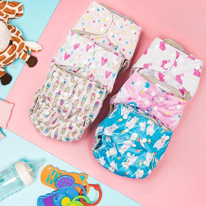 Simple Being Reusable Cloth Diapers, Double Gusset, One Size Adjustable, Washable Soft Absorbent, Waterproof Cover, Unisex Baby Girl Boy, Six Microfiber Inserts (Sweet)