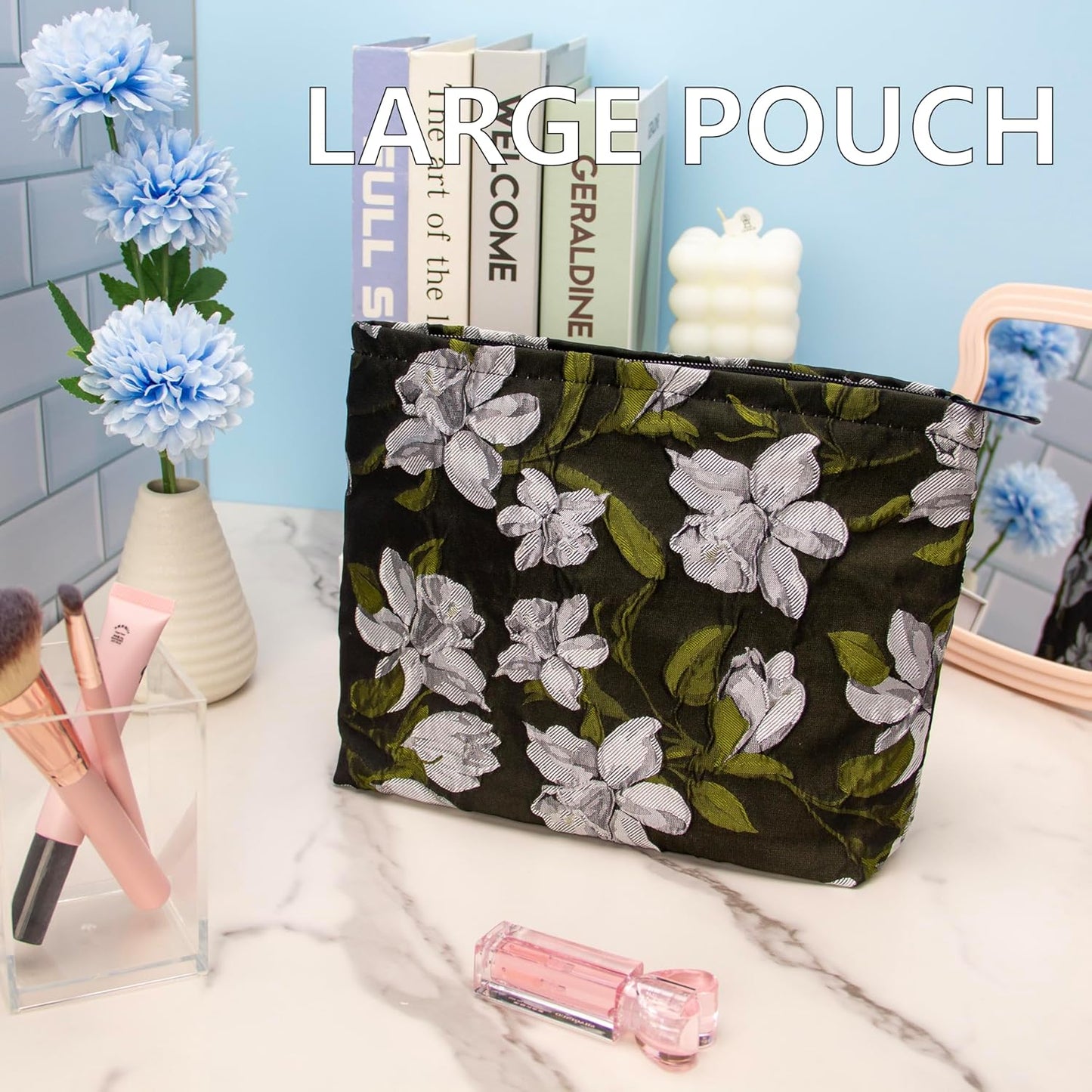 PAZIMIIK Makeup Bag Large Cotton Zipper Pouch for Purse Travel Canvas Make Up Organizer for Women Cosmetic,Brocade Floral Black