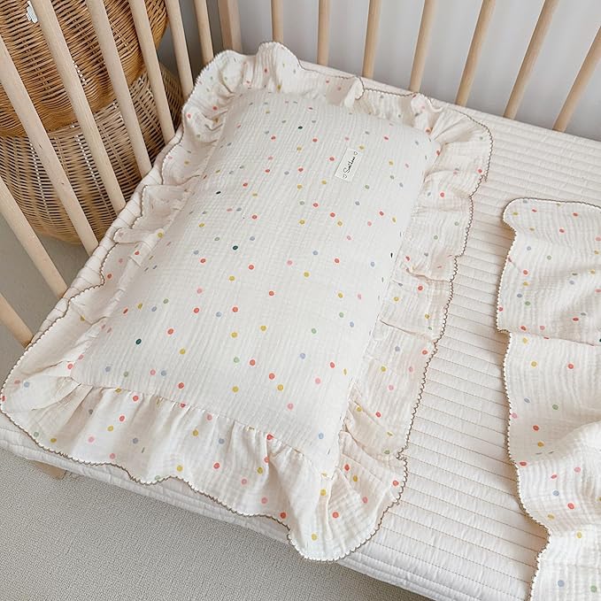AOJIM Kids Toddler Pillowcase 1 Piece Super Soft Muslin Cotton Bedding Pillowcase with Colorful Beans Pattern, Ruffle Edges Nursery Pillowcase Durable Kids Pillow Cover, Machine Washable 26x20 Inches