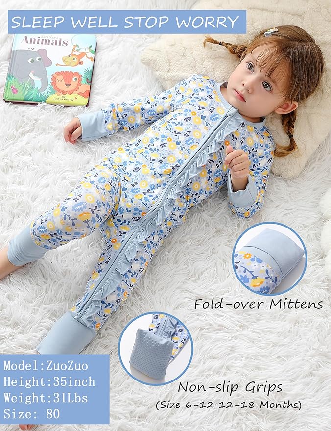 JunNeng Baby Girl Viscose from Bamboo Sleeper with Mitten Cuffs, 2 Way Zipper Romper, Sleep N' Play Pajamas 0-18 Months